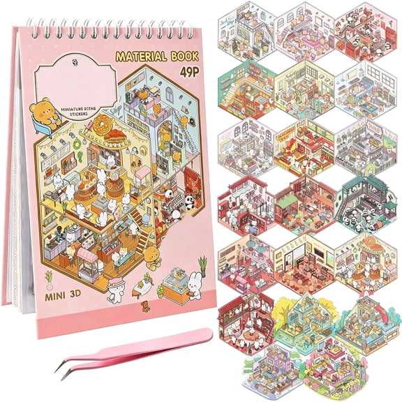 KAISA 20Pcs 3D Sticker Scene Book Set for Adults,Reusable Sticker Books,Diy Miniature House & Shop Scenes Kit,Cute Sticker Scene Book,Creative Relaxing Hobby Gift