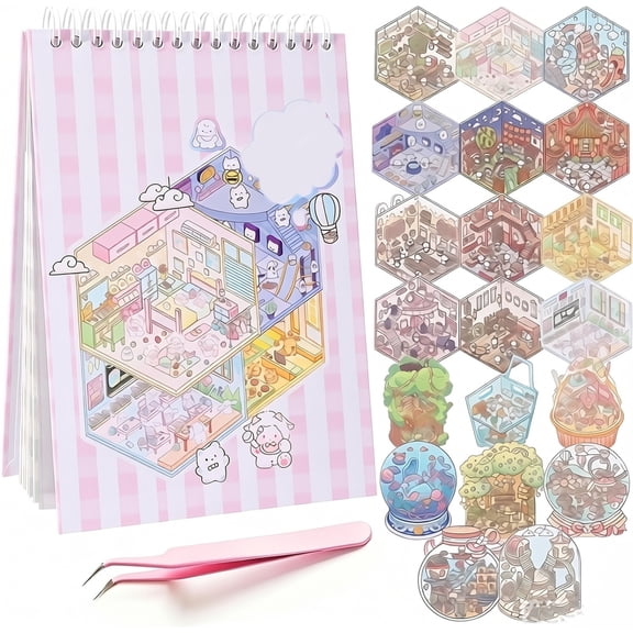 KAISA 20Pcs 3D Sticker Scene Book Set for Adults,Reusable Sticker Books,Diy Miniature Scene Sticker Book,Cute Shop & House Sticker Scenes Kit,Creative Sticker Therapy Gift