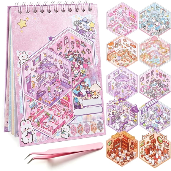 KAISA 3D Sticker Scene Book for Adults,10Pcs Reusable Sticker Scene Books,Diy Miniature House Scenes,Creative Sticker Therapy Kit,Aesthetic Sticker Book Gift