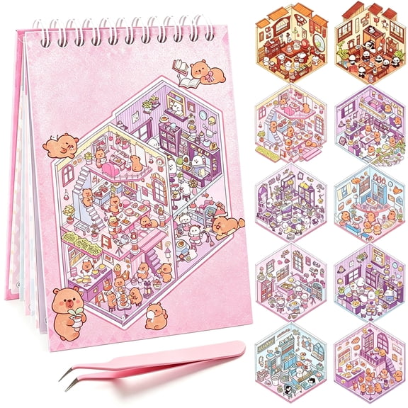 KAISA 3D Sticker Scene Book Set for Adults,10Pcs Reusable Sticker Books,Isometric Miniature House Scene Stickers,Diy Sticker Scenes Kit,Creative Sticker Therapy Gift