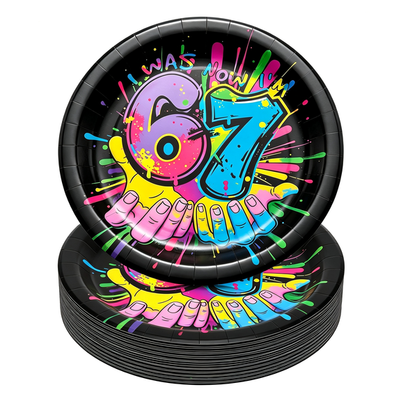 KAISA 50 Pcs 6 7 Birthday Paper Plates 9 Inch Black Rainbow Disposable I Was 6 Now I'M 7 Plates Graffiti Neon Spray Paint Six Seven Theme Tableware for 6-7 Year Old Birthday Party Supplies