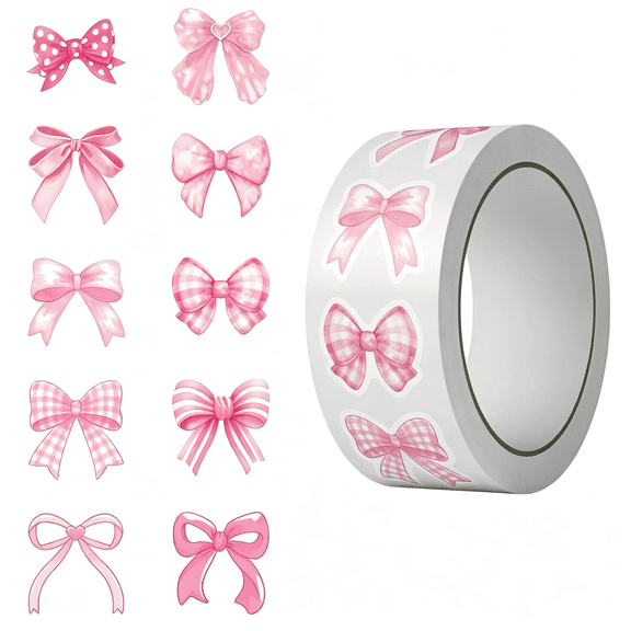 KAISA 500Pcs Cute Pink Bow Stickers Roll,10 Styles Self-Adhesive Envelope Seals Stickers for Bottles,Laptops,Journals,Luggage,Snowboards,Guitars,Scrapbooks,Phones,Basketball Party Favors Gift