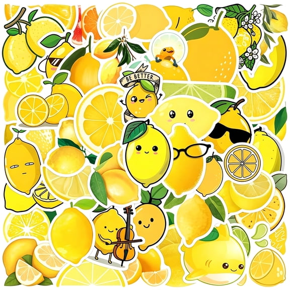KAISA 50Pcs Cartoon Fruit Lemon Stickers Fresh Lemons Vinyl Waterproof Kawaii Decals for Water Bottles Laptop Luggage Cup Mobile Phone Skateboard Guitar (Lemon)