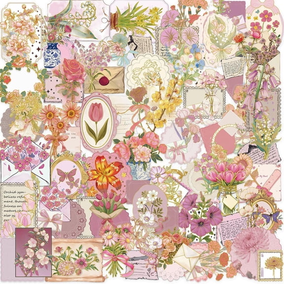KAISA 50Pcs P"K Envelope Flowers Sticker Aesthetic Gildpet Transparent Decals for Res" Crafts Decorative Art Crafts Notebook,Mobile Phone,Scrapbook Log Diy Decorate Sticker for Woman Gifts