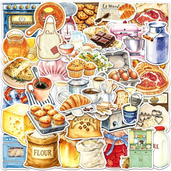 KAISA 50Pcs Watercolor Baking & Kitchen Stickers, Waterproof Vinyl Pastry & Cooking Decals for Scrapbooking, Journaling, Water Bottles, Laptops, Envelopes, Cute Bakery & Chef Stickers for Bakers