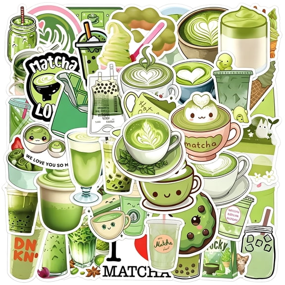 KAISA 55Pcs Matcha Themed Stickers,Cute Kawaii Food Drink Waterproof Vinyl Decor for Water Bottle Laptop Journal,Gifts for Lovers Teens Cute Stickers (Matcha)