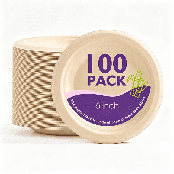 KAISA 6 Inch 100 Pack Compostable Paper Plates,Biodegradable Heavy Duty Disposable Plates,Round Unbleached Brown Plates Made from Natural Sugarcane Fibers,For Party,Camping,Picnic