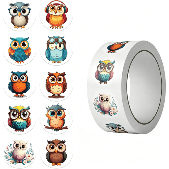 KAISA Cute Owl Stickers Roll,500 Pcs with 10 Different Patterns,Kawaii Animal Decals,Waterproof Vinyl Sticker Pack for Party Favors,Classroom Rewards,And Goodie Bags (Owl) (Owl)