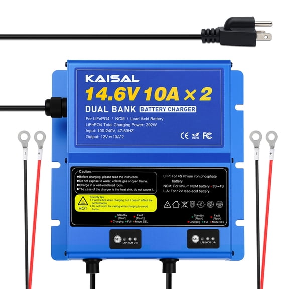 KAISAL 2-Bank Battery Charger 12V 20A(10A/Bank), IP67 Waterproof OnBoard Marine Charger for LiFePO4 & Lead-Acid & NCM Lithium Battery, LI150A
