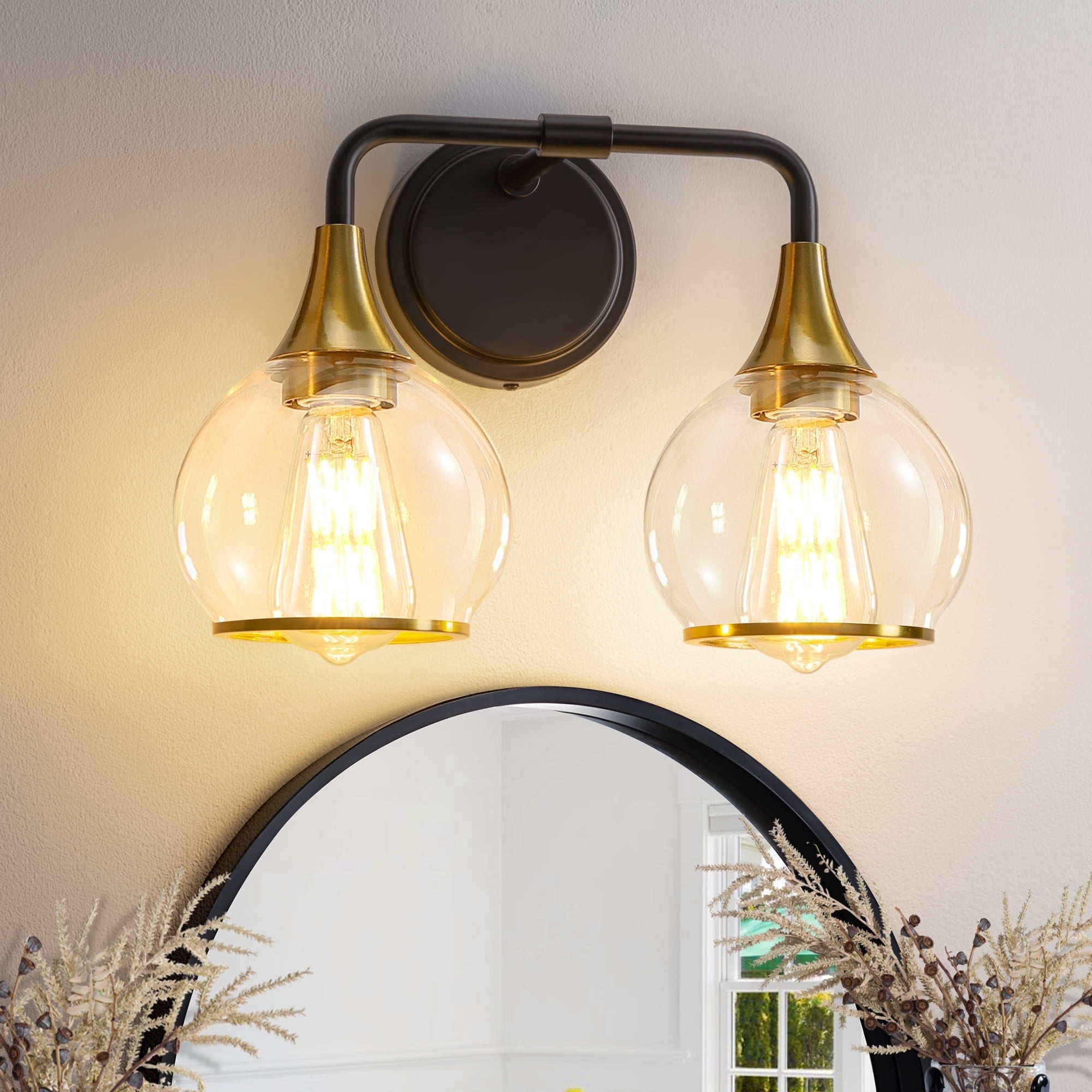 KAISITE 2-Light Black and Gold Modern Dimmable Vanity Lights with Globe Glass