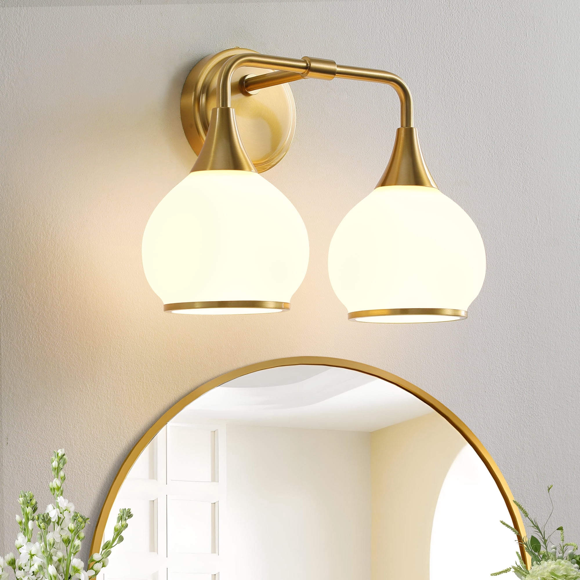 KAISITE 2-Light Bathroom Light Fixtures Modern Dimmable Globe Vanity Lights 14 Inch Gold and White Wall SconceGold