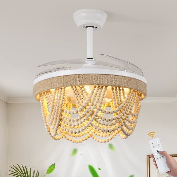 KAISITE 20" Boho Invisible Ceiling Fan with Light, Natural Jute & Wood Bead Caged Fan Chandelier with Remote, for Bedroom Living Room Dining Room (Bulb Not Included)