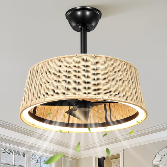 KAISITE 20'' Boho Rattan Ceiling Fan with Dimmable LED Light & Remote