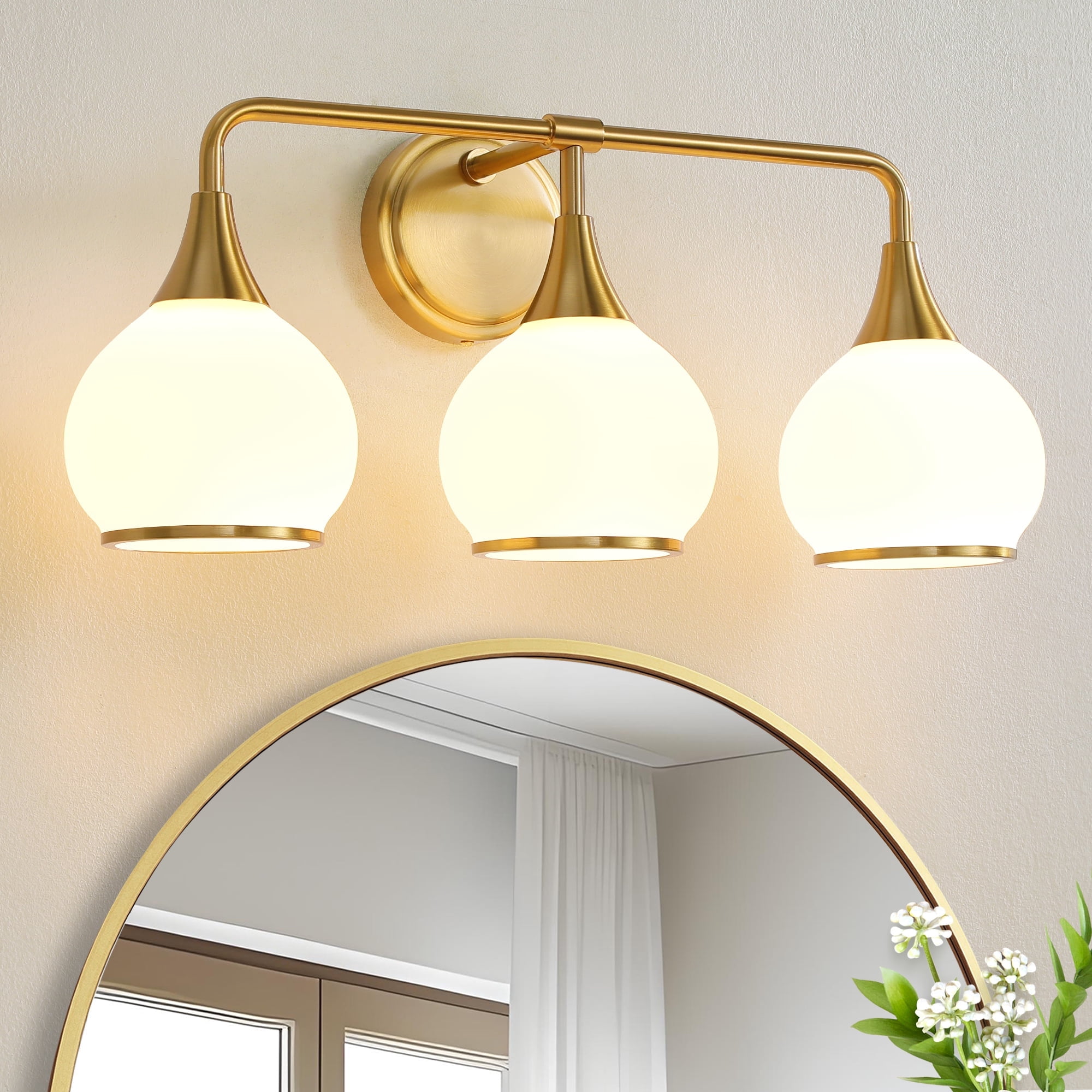 KAISITE 3-Light Bathroom Light Fixtures Modern Dimmable Globe Vanity Lights 14 Inch Gold and White Wall SconceGold