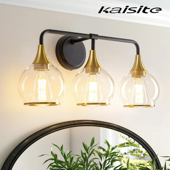KAISITE 3-Light Black & Gold Dimmable Vanity Light with Clear Glass Shades