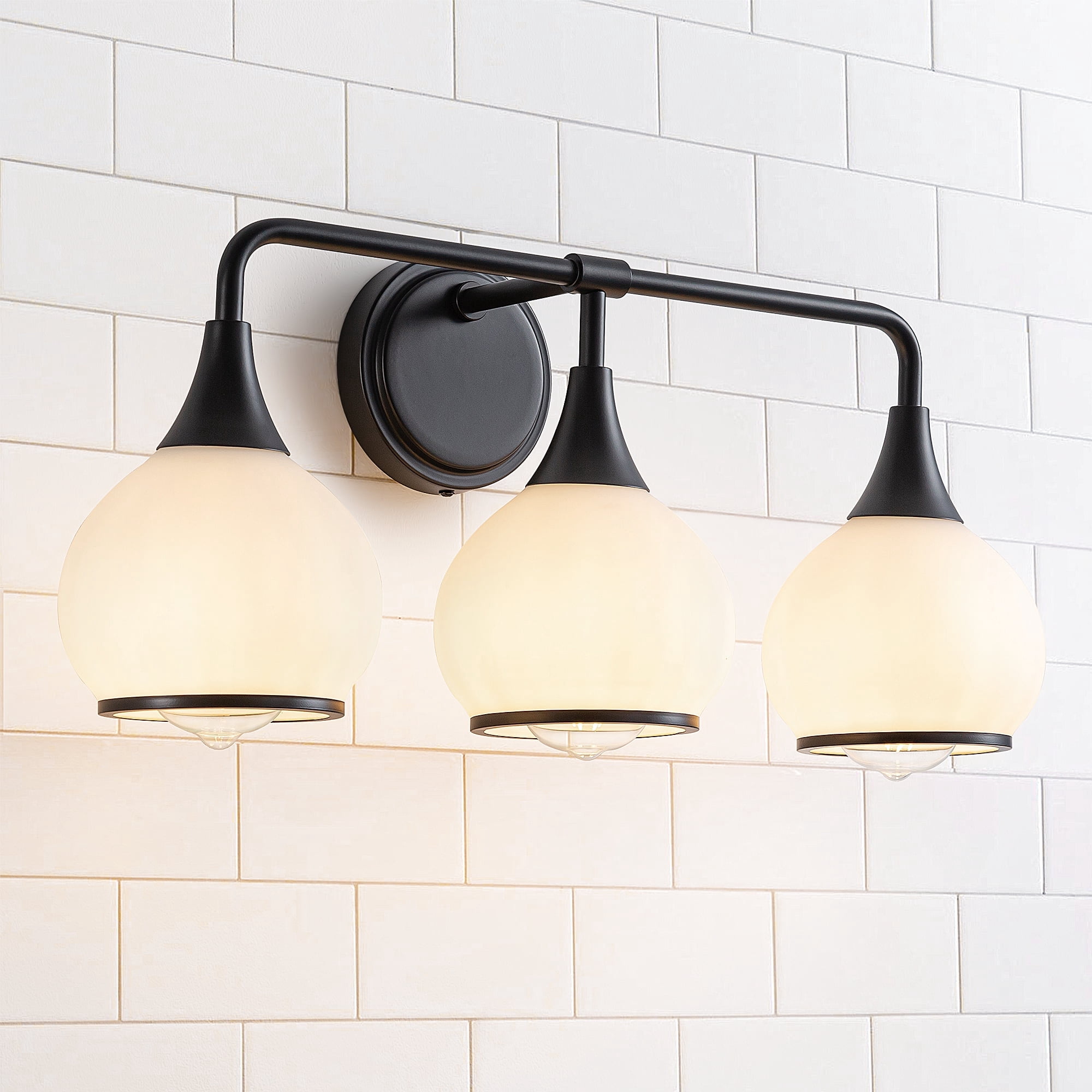 KAISITE 3-Head Vanity Lamp, Milky White Frosted Glass Shade, Black Bathroom Light Fixtures 22.4" Wall Sconce Lighting Bath