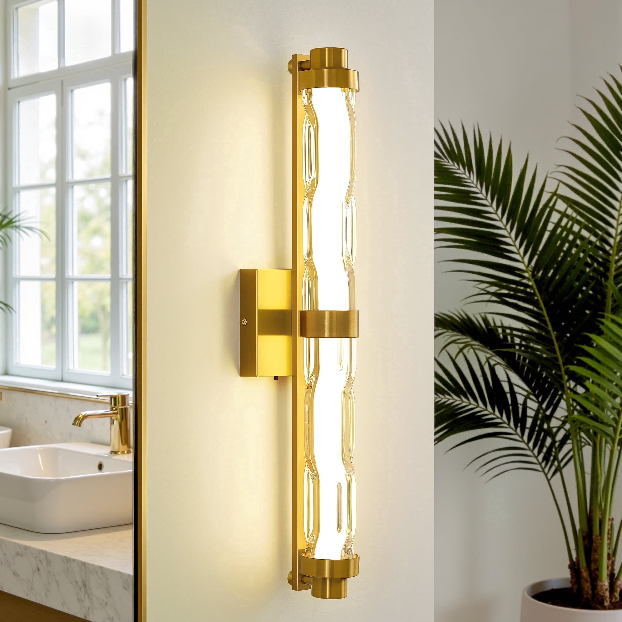 KAISITE 5CCT Modern Dimmable Indoor LED  Glass Wall Sconces, Slide Switch for Warm Light Adjustment, Ideal for Vanity, Hallway and Bedside Areas, Gold