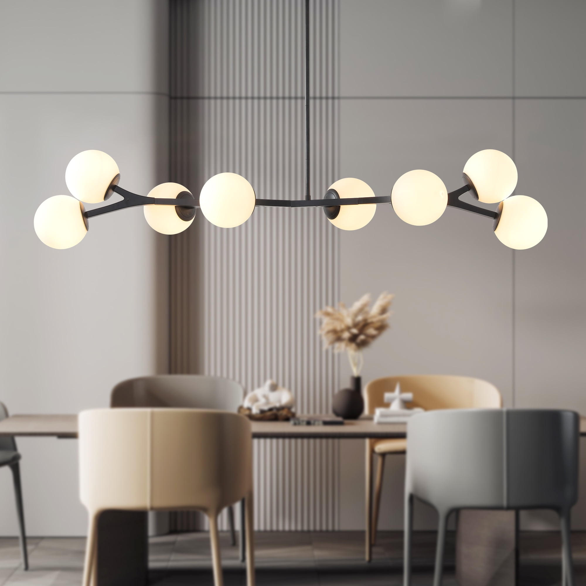 KAISITE 8-Light Black Modern Chandelier Glass Semi Flush Mount Ceiling Light with Globe Milky Frosted Glass Shade E12 Sputnik Ceiling Light for Kitchen Living room bedroom