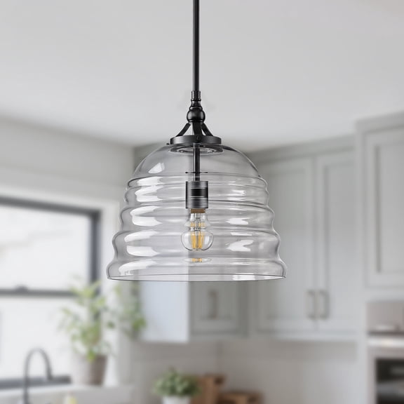 KAISITE Modern Black Metal Pendant Light Transparent Glass Dome Ripple Lampshade Pendant Lamp Kitchen Island Lighting Dining Room