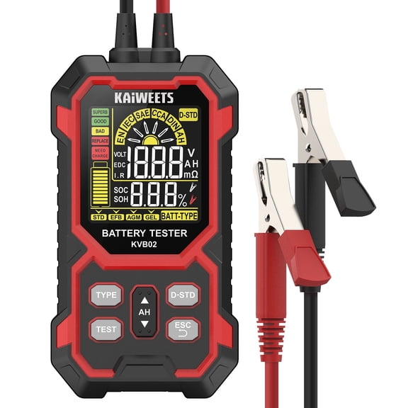KAIWEETS Car Battery Tester, 12V/24V Automotive Battery Diagnostic Tool, 50-2000 CCA Load Capacity, Digital Battery Analyzer & Voltage Meter for Cars, Trucks, Motorcycles, SUVs, Boats & Marine Use
