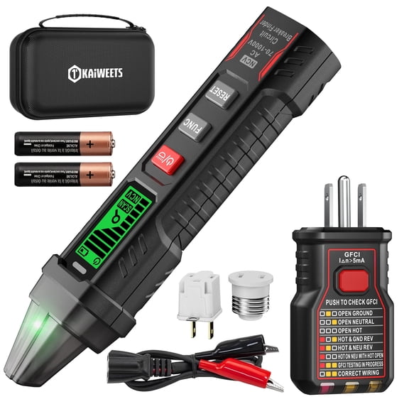 KAIWEETS Circuit Breaker Finder with LCD Display, GFCI Outlet Tester, AC 90-130V Electrical Circuit Tracer Tool with NCV Test & Flashlight, Includes Carrying Case with Adapter, Alligator Clips