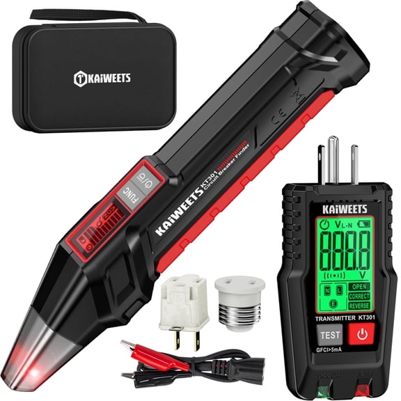 KAIWEETS Circuit Breaker Finder with LCD Display, GFCI Outlet Tester, Electrical Circuit Tracer Tool with NCV Test & Flashlight, Includes Carrying Case and Adapters- KT301P