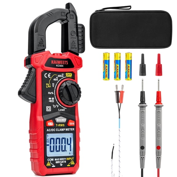 KAIWEETS Digital Clamp Meter Multimeter with D-Shaped Jaw for AC/DC Current & Voltage, Auto-ranging 4000 Counts Voltage Tester with Flashlight Backlight, Measuring Temperature Continuity Diode NCV