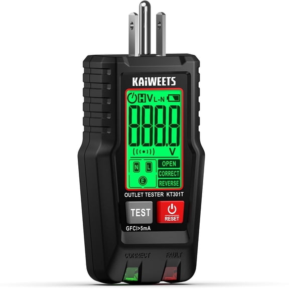 KAIWEETS GFCI Outlet Tester with LCD Display, 3-Prong Receptacle Wiring Detector, Voltage Socket Checker, Auto Hold, Electrical Diagnostic Tool for 120V AC Home Outlets