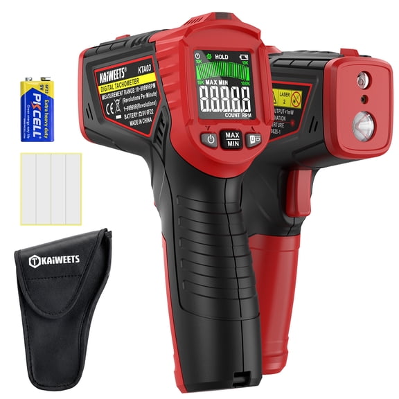 KAIWEETS Laser Tachometer Digital RPM Meter Non Contact Motor Speed Tester 10-99999 RPM, Handheld Tachometer with Large LCD Display, Max Min Memory, Reflective Tape for Engines Motors Fans