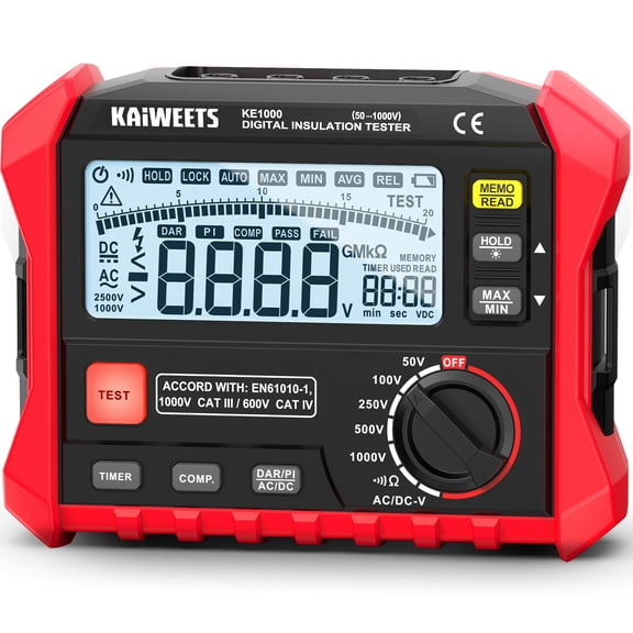 KAIWEETS Megohmmeter, Insulation Resistance Tester, Up to 100G, 50V/100V/250V/500V/1000V, One-Touch DAR/PI, with AC/DC Voltage Testing for Motors, Solar, HVAC