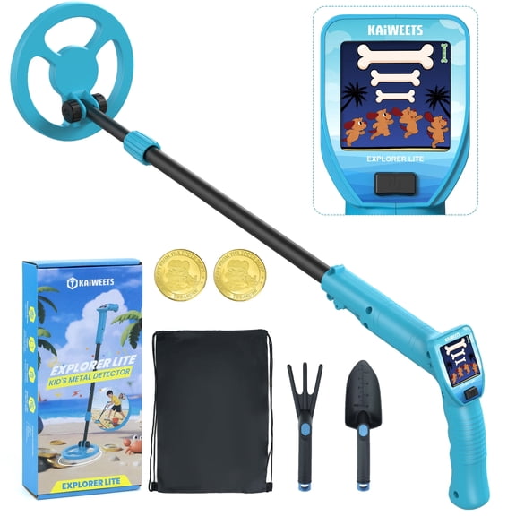 KAIWEETS Metal Detector for Kids, Innovative Color LCD, Lightweight, Adjustable Stem, Outdoor Toy, Christmas/Birthday Gift Kit for Boys & Girls with Backpack, Shovel, Rake, 2 Bonus Coins & 9V Battery