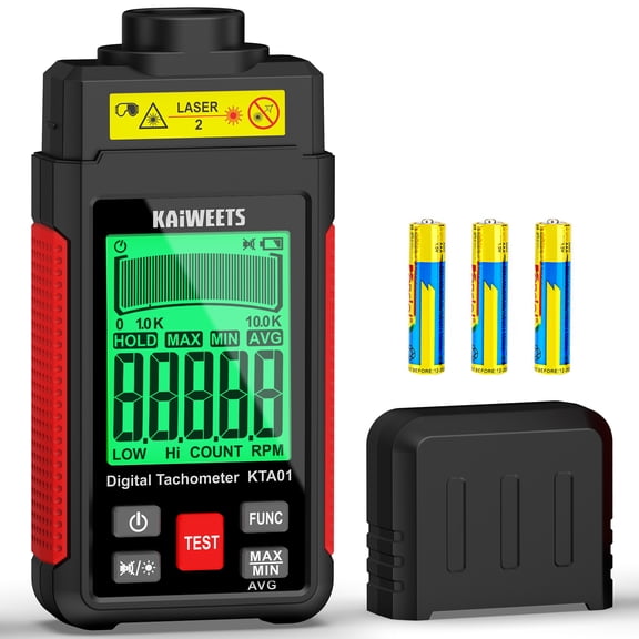 KAIWEETS Non Contact RPM Tachometer with Reflective Tape, 10-99999 RPM High Accuracy Laser Digital Tachometer with Large LCD, RPM Meter with Backlight, Data Hold, and Max/Min/AVG Function