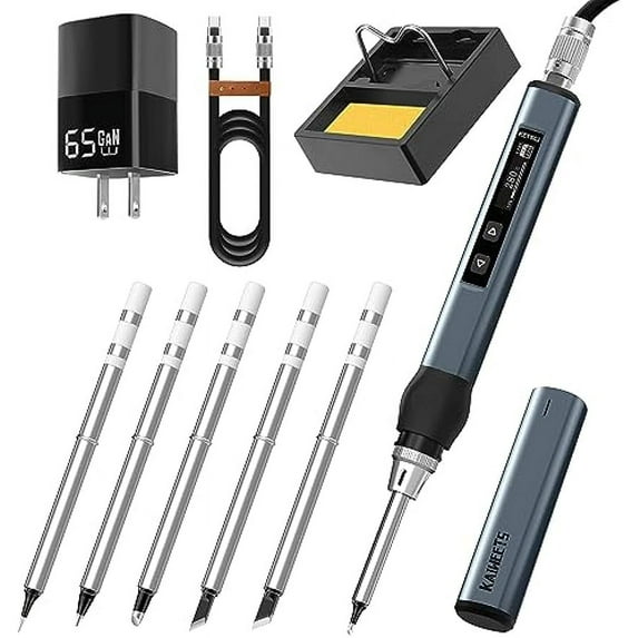 KAIWEETS Soldering Iron Kit KETS02 Smart Soldering Iron Kit equipped with 65W PD Power Supply 176℉-788℉ Rapid Heating Adjustable Voltage OLED Screen Auto Sleep Child Lock and 6 Soldering Iron Tips