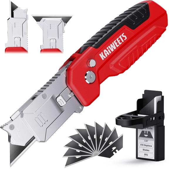 KAIWEETS Folding Utility Knife with Blade Storage, Retractable Design, Zinc Alloy Body, 12pcs SK2 Replacement Blades, Home DIY Renovation Tool, Red