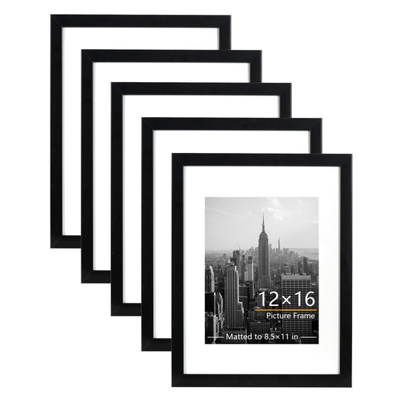 KAIWIN 12x16 Picture Frames Set of 5, Display Certificate Pictures 8.5x11 with Mat, Poster frames for Wall, Black