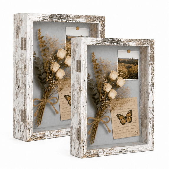 KAIWIN 8x10 Rustic White Shadow Box Frame for Photos and Keepsakes,Home Office Display Case with Real Glass,Soft Linen Backing and Colorful Pins,Set of 2