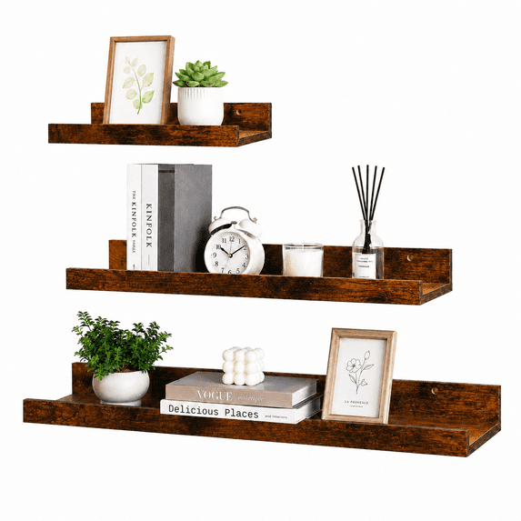 KAIWIN Brown Wood Floating Shelves Set of 3 (24/16/10In) - Wall Mounted Storage & Decor for Home