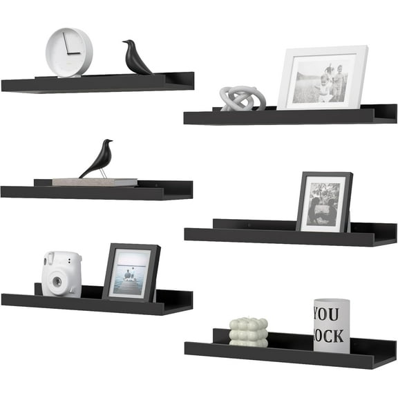 KAIWIN Floating Shelves for Wall, 15.7In Black Wall Shelves for Decor Storage Set of 6, Wall Mounted Wood Shelves for Bedroom, Living Room, Bathroom, Kitchen