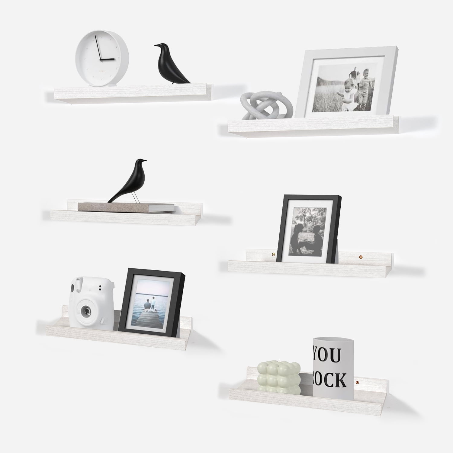 KAIWIN Floating Shelves for Wall, 15.7In White Wall Shelves for Decor Storage Set of 6, Wall Mounted Wood Shelves for Bedroom, Living Room, Bathroom, Kitchen