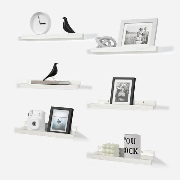 KAIWIN Floating Shelves for Wall, 15.7In White Wall Shelves for Decor Storage Set of 6, Wall Mounted Wood Shelves for Bedroom, Living Room, Bathroom, Kitchen