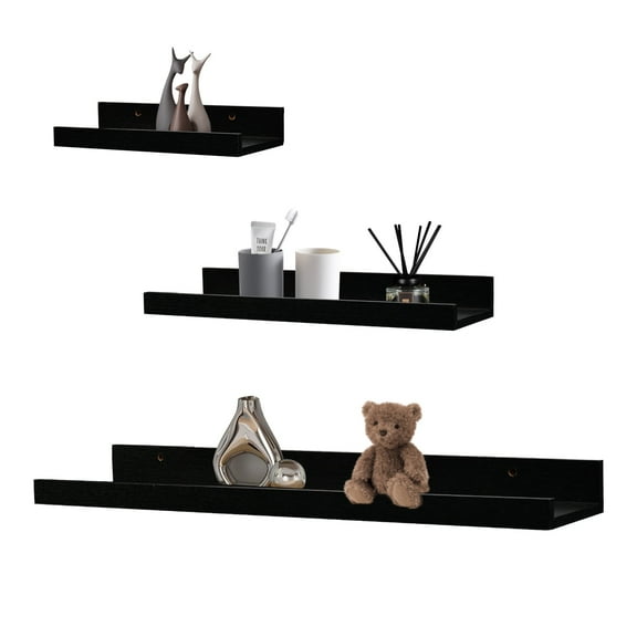 KAIWIN Black Wood Floating Shelves Set of 3 (24/16/10In) - Wall Mounted Storage & Decor for Home