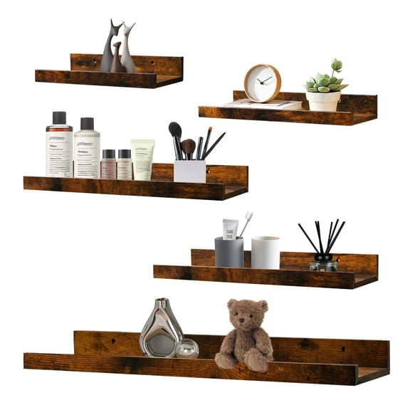 KAIWIN Brown Wood Floating Shelves Set of 5 (24/16/14/10In) - Wall Mounted Storage & Decor for Home