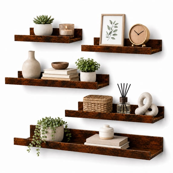 KAIWIN Brown Wood Floating Shelves Set of 5 (24/16/14/10In) - Wall Mounted Storage & Decor for Home