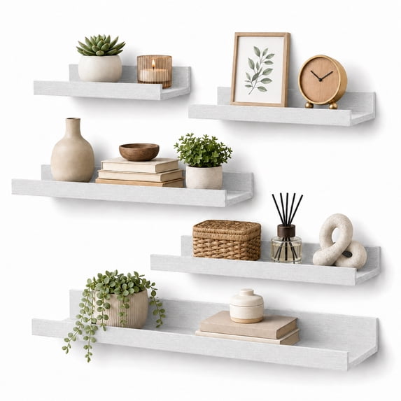 KAIWIN White Wood Floating Shelves Set of 5 (24/16/14/10In) - Wall Mounted Storage & Decor for Home