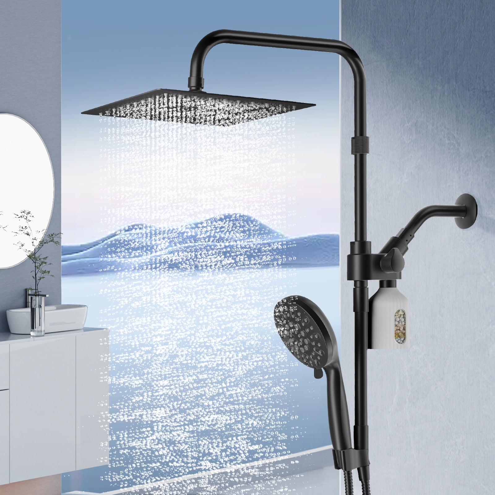 KAIYING 10-Inch Shower Head with Filtration, Rainfall & Handheld Modes, Adjustable Extension & Extra Long Hose