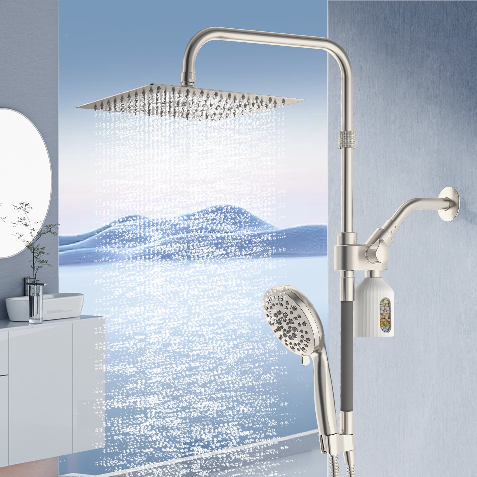 KAIYING 10" Filtered Rain Shower Head Combo, High Pressure Dual Shower Heads with Handheld Spray, Filter System, Extra Long Hose & Adjustable Extension Arm (Brushed Nickel)