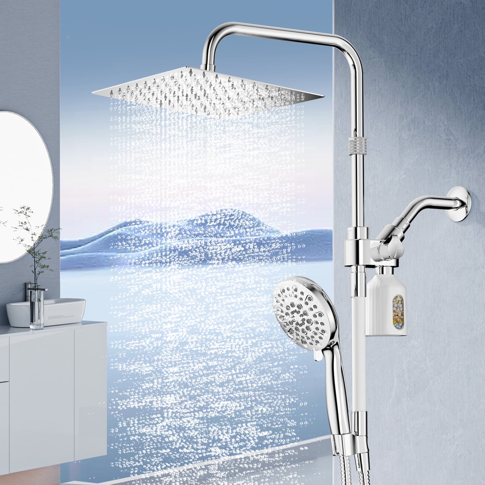 KAIYING Rain Shower Head Combo with Filtration, High Pressure Dual Shower Heads, Handheld Spray, Long Hose & Adjustable Arm