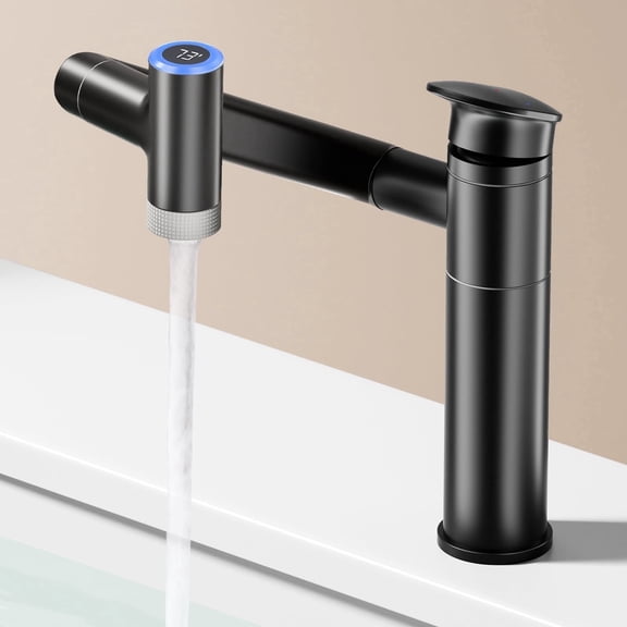 KAIYING Matte Black Single Handle Bathroom Vanity Faucet with 1080 Rotatable Temperature Display and 2 Spray Modes, Adjustable Height