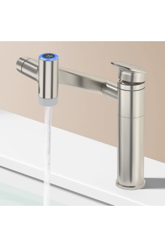 1080°Rotatable Bathroom Vanity Faucet 1 Hole, Height Adjustable Single Handle Sink Faucet Bathroom with 2 Water Outlet Modes, Bar Sink Tap with Temperature Display (Brushed Nickel)