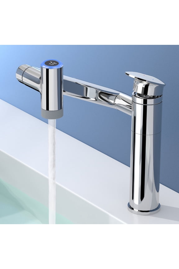 1080° Rotatable Bathroom Faucet, Height Adjustable Single Handle Sink Faucet with Temperature Display(Chrome)
